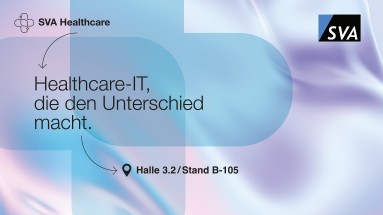 SVA graphic with the words 'Healthcare IT that makes the difference' and the hall number 3.2 and stand number B-105