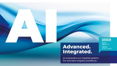 Graphic AI with the slogan 'Advanced. Integrated. AI empowers our HIS. For the best hospital workflows.'